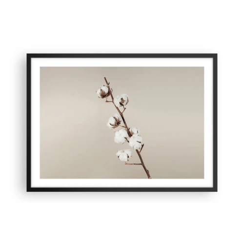 Poster in cornice nera - Un rametto di cotone su uno sfondo beige - 70x50cm - Alla fonte della morbidezza - Decorazione murale moderna per soggiorno e camera da letto ARTTOR