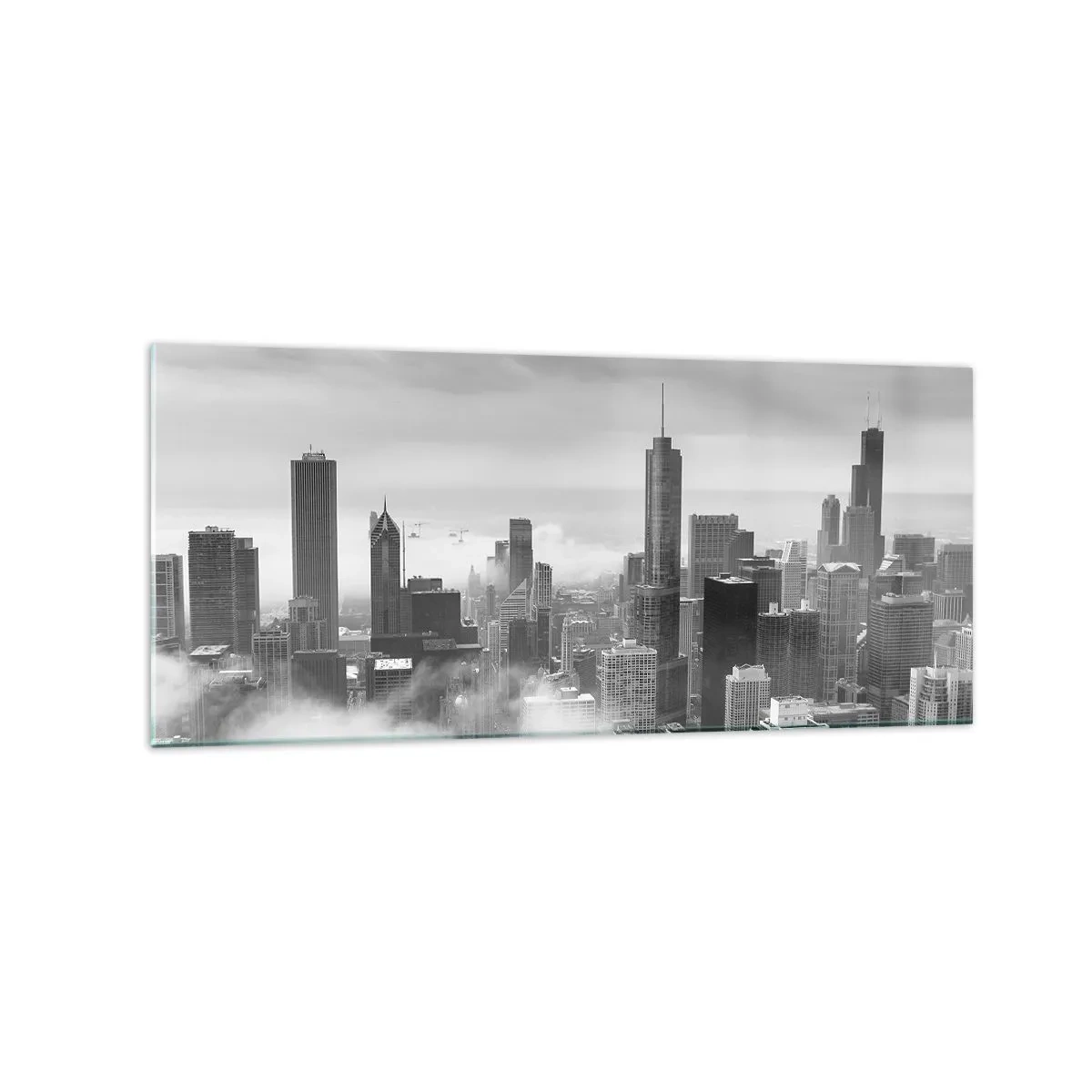 Quadro su vetro - Panorama della città con grattacieli tra le nuvole in bianco e nero - 120x50cm - Paesaggio americano - Decorazione murale moderna per soggiorno e camera da letto ARTTOR