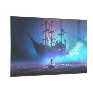 Quadro su vetro - Una nave notturna che galleggia sull'acqua in un'aura magica - 120x80cm - Incontro con il mito del mare - Decorazione murale moderna per soggiorno e camera da letto ARTTOR