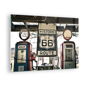 Quadro su vetro - Pompe di benzina d'epoca e cartello della Route 66 - 70x50cm - Viaggio retro americano - Decorazione murale moderna per soggiorno e camera da letto ARTTOR
