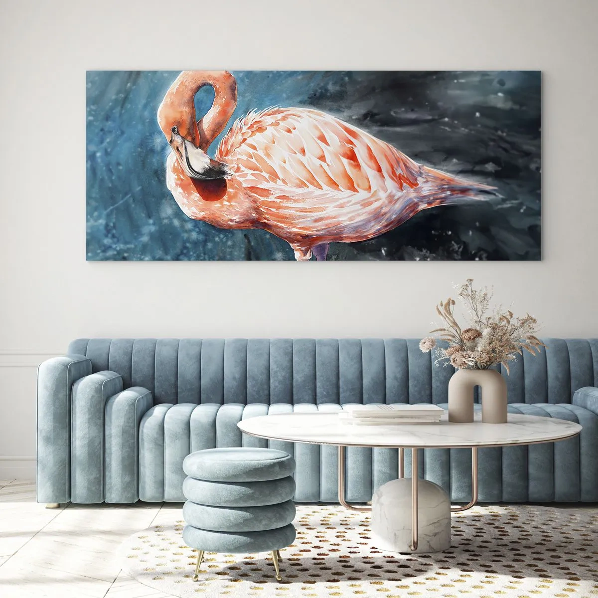 Quadro su vetro - Un fenicottero rosa su uno sfondo blu acquerello - 140x50cm - Naturalmente decorativo  - Decorazione murale moderna per soggiorno e camera da letto ARTTOR