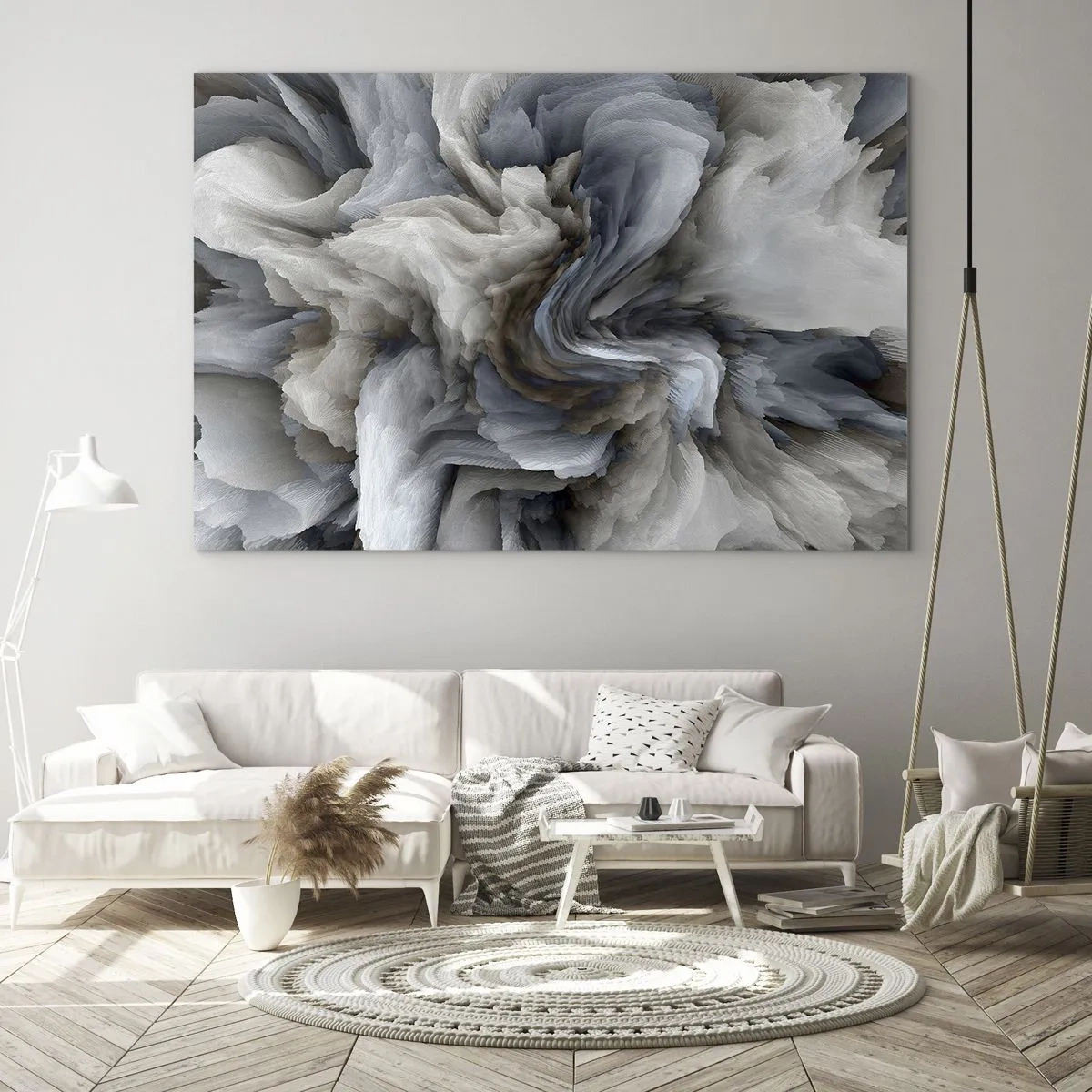 Quadro su vetro - Una composizione astratta che ricorda piume vorticose - 120x80cm - Pietra in fiore - Decorazione murale moderna per soggiorno e camera da letto ARTTOR