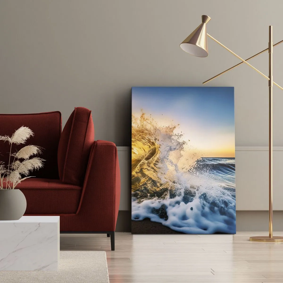 Quadro su tela - Stampe su Tela - Un'onda dorata sullo sfondo del sole al tramonto - 70x100cm - Gioco sulla sabbia - Decorazione murale moderna per soggiorno e camera da letto ARTTOR