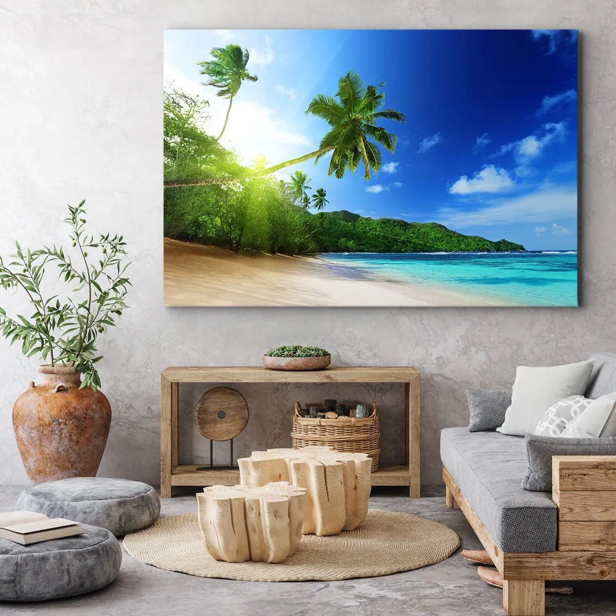 Quadro su tela - Stampe su Tela - Spiaggia tropicale con palme e mare turchese - 120x80cm - Il lieve tocco dei tropici - Decorazione murale moderna per soggiorno e camera da letto ARTTOR