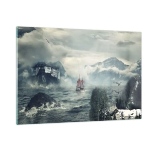 Quadro su vetro - Una nave in un mare in tempesta con un castello sullo sfondo - 120x80cm - Sulle acque magiche - Decorazione murale moderna per soggiorno e camera da letto ARTTOR