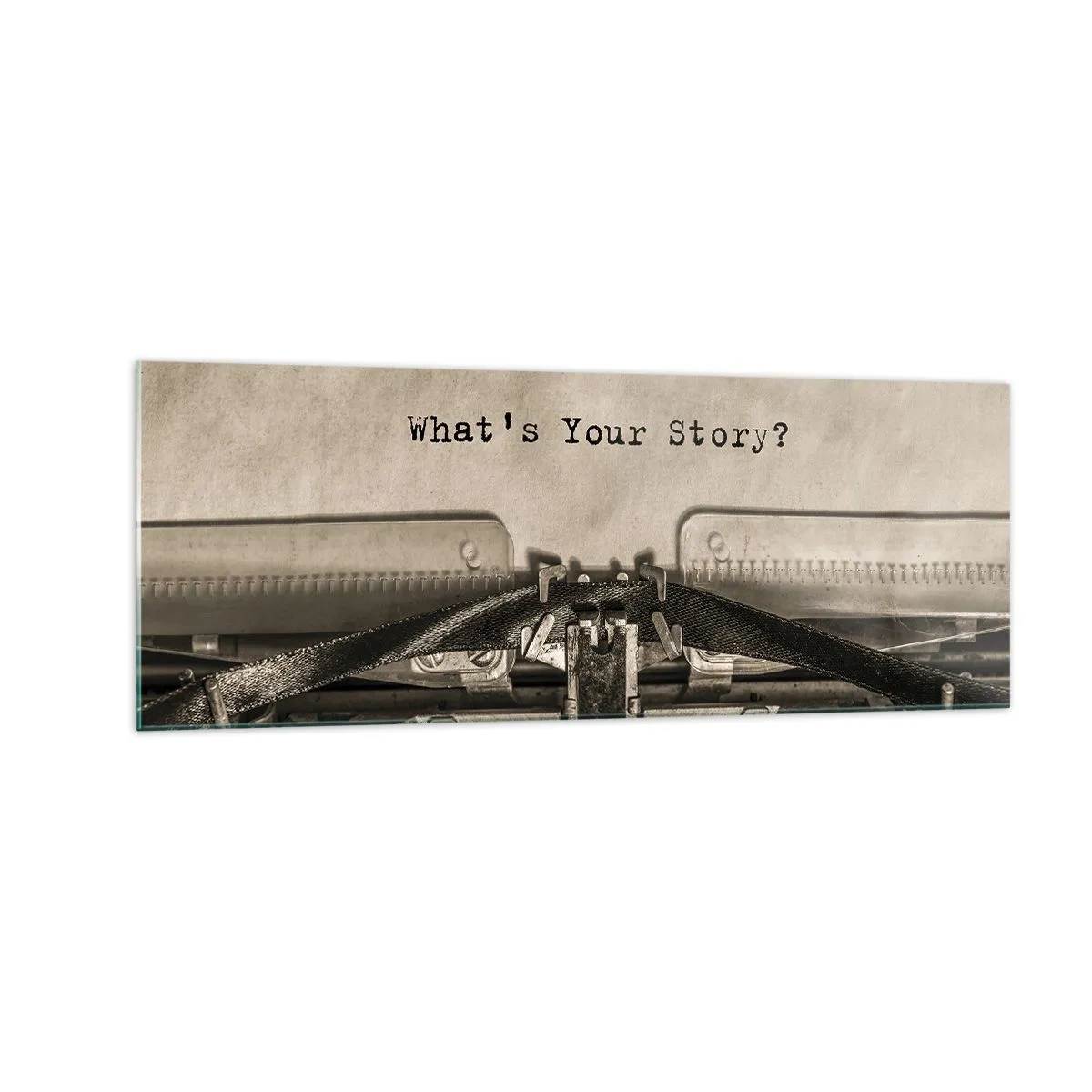 Quadro su vetro - Una macchina da scrivere con la scritta "Qual è la tua storia?" - 140x50cm - Rispondimi - Decorazione murale moderna per soggiorno e camera da letto ARTTOR