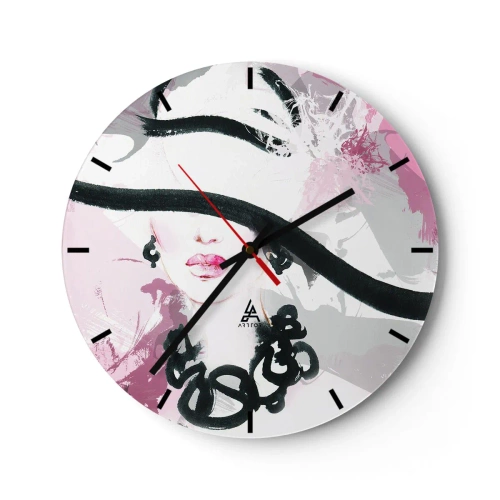 Orologio da parete - Orologio in Vetro - Un elegante ritratto di una donna in stile nero e rosa - 30x30cm - Ritratto di donna in nero e rosa - Decorazione murale moderna per soggiorno, cucina e camera da letto ARTTOR
