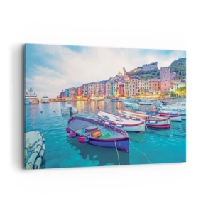 Quadro su tela - Stampe su Tela - Una colorata città sul lungomare con barche nel porto - 100x70cm - Sera colorata nel porto - Decorazione murale moderna per soggiorno e camera da letto ARTTOR