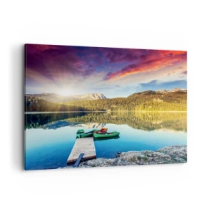 Quadro su tela - Stampe su Tela - Tramonto sul lago con barche al molo - 120x80cm - Sull'acqua liscia come uno specchio - Decorazione murale moderna per soggiorno e camera da letto ARTTOR