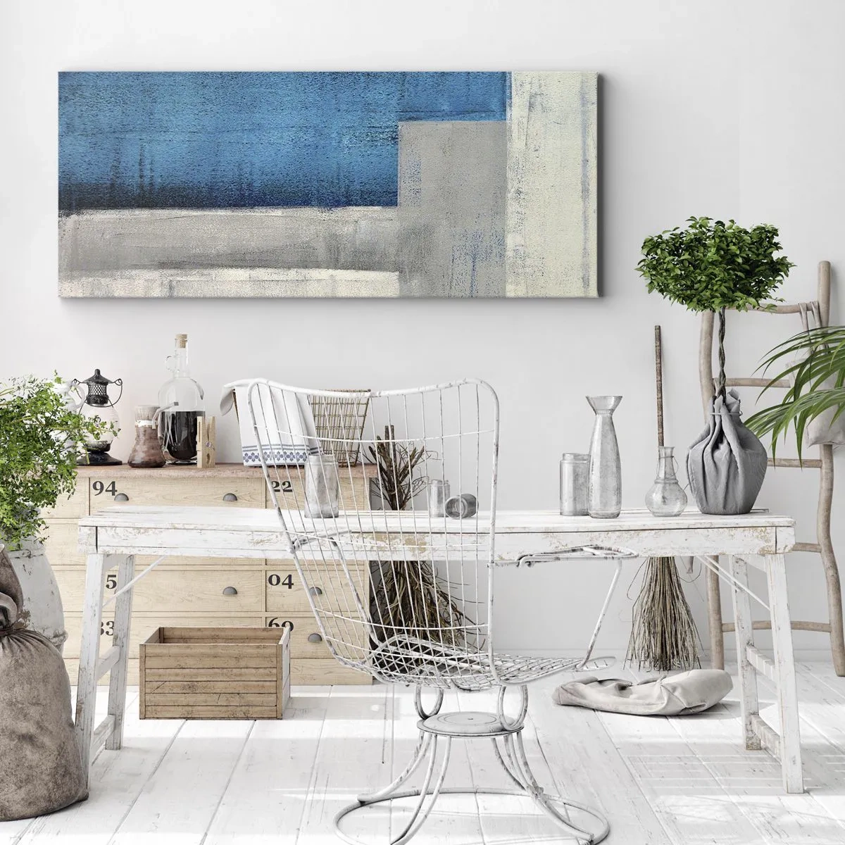 Quadro su tela - Stampe su Tela - Una composizione astratta con sfumature di blu, grigio e bianco. - 140x50cm - Composizione poetica in grigio e blu - Decorazione murale moderna per soggiorno e camera da letto ARTTOR