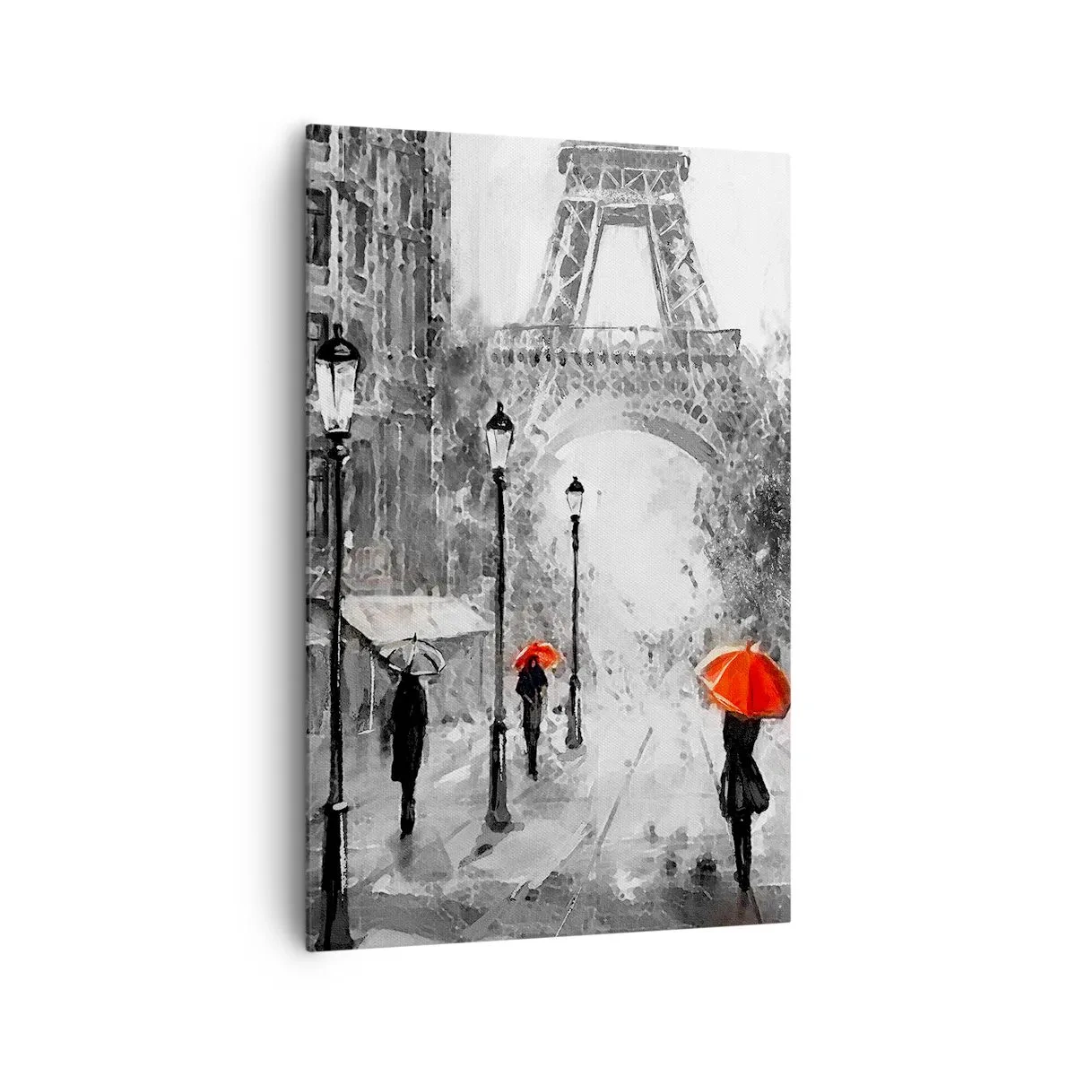 Quadro su tela - Stampe su Tela - Una strada con vista sulla Torre Eiffel e ombrelli rossi - 80x120cm - Tutte le strade portano da lei - Decorazione murale moderna per soggiorno e camera da letto ARTTOR