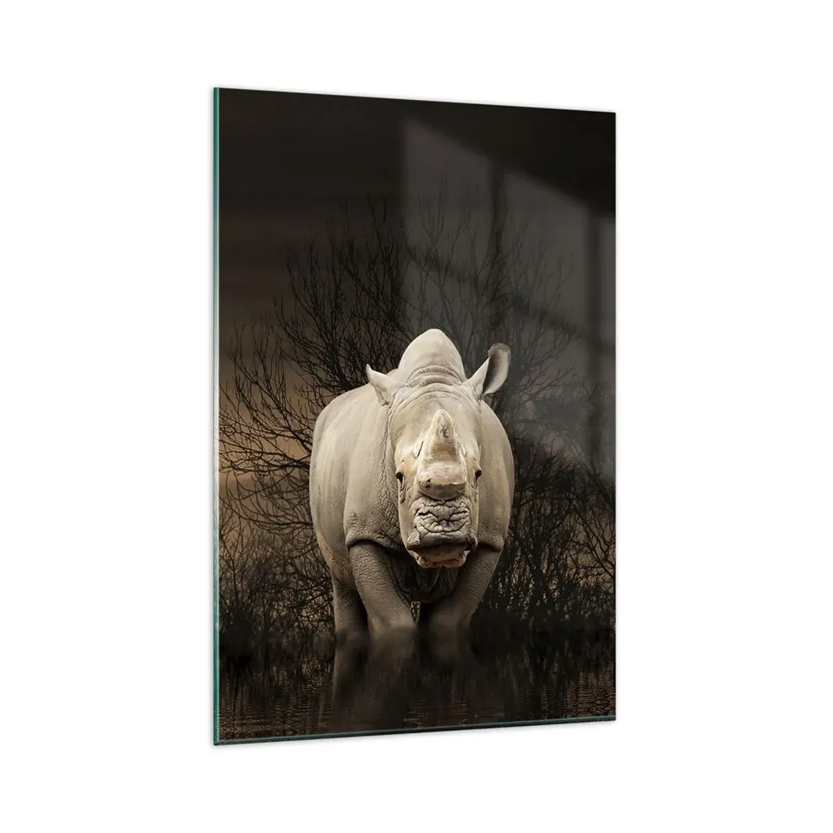 Quadro su vetro - Rinoceronte tra gli alberi al tramonto, natura selvaggia. - 80x120cm - Bianco contro la natura - Decorazione murale moderna per soggiorno e camera da letto ARTTOR