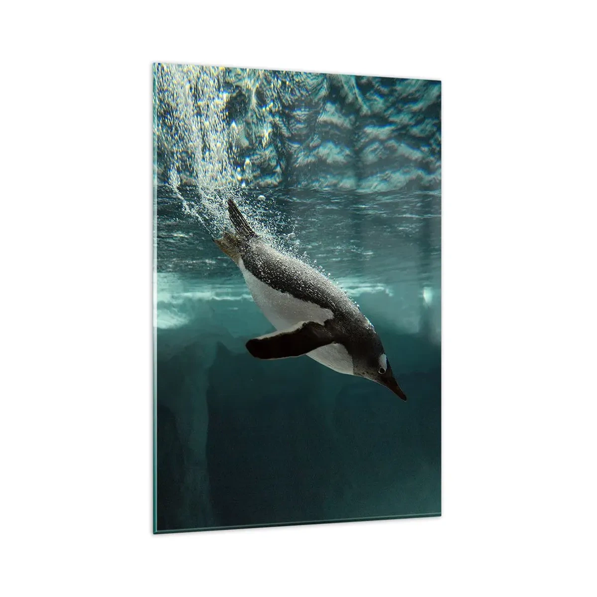 Quadro su vetro - Un pinguino che si tuffa nelle profondità dell'acqua ghiacciata - 80x120cm - Benvenuto nel mio mondo - Decorazione murale moderna per soggiorno e camera da letto ARTTOR