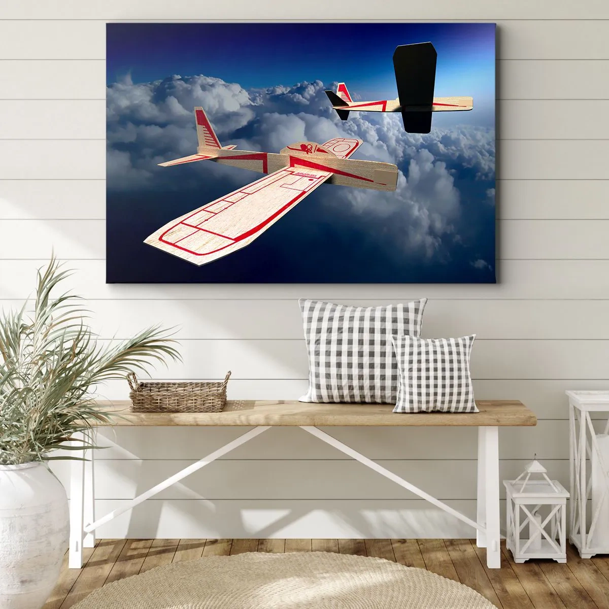 Quadro su tela - Stampe su Tela - Due aeroplani di legno che sorvolano le nuvole contro un cielo azzurro. - 100x70cm - Più in alto, più lontano - Decorazione murale moderna per soggiorno e camera da letto ARTTOR