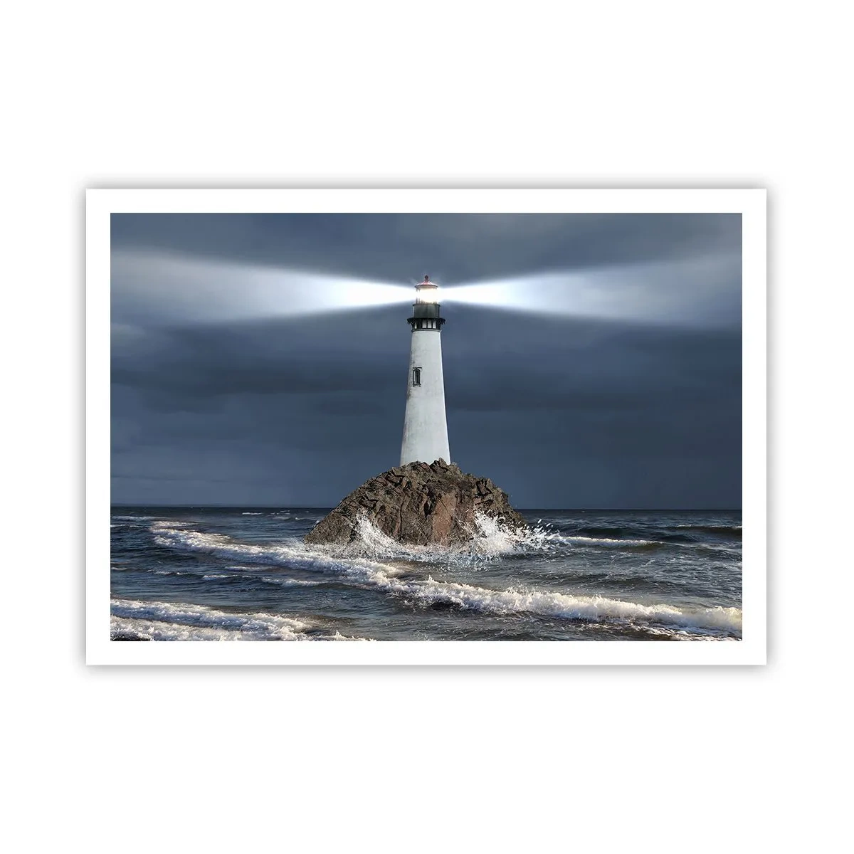 Poster - Un faro su una roccia circondato da un mare in tempesta - 100x70cm - Qui...qui... qui! - Decorazione murale moderna per soggiorno e camera da letto ARTTOR