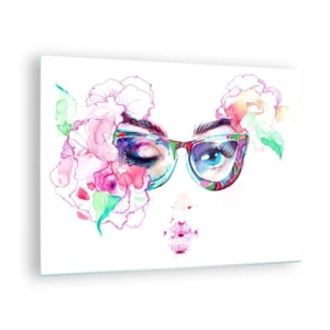Quadro su vetro - Occhi di donna con fiori e occhiali colorati in stile acquerello - 70x50cm - Promessa allettante - Decorazione murale moderna per soggiorno e camera da letto ARTTOR