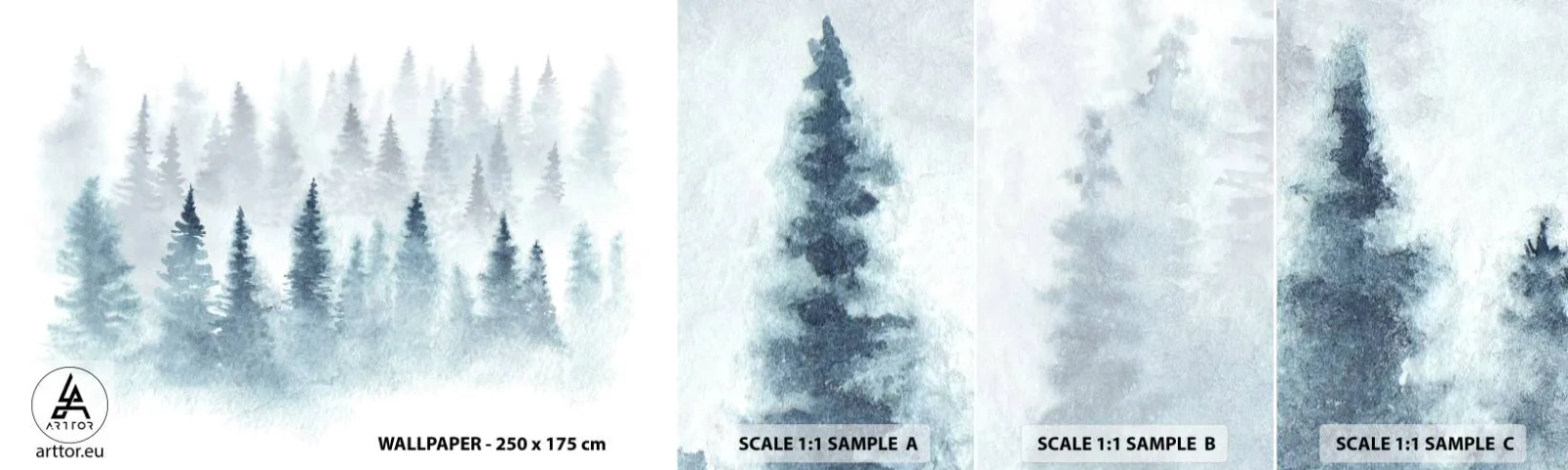 Campione di Fotomurale Adesivo Deluxe Sticker - Avvolti nella nebbia - Paesaggio, foresta, Abete rosso - 100x30 cm