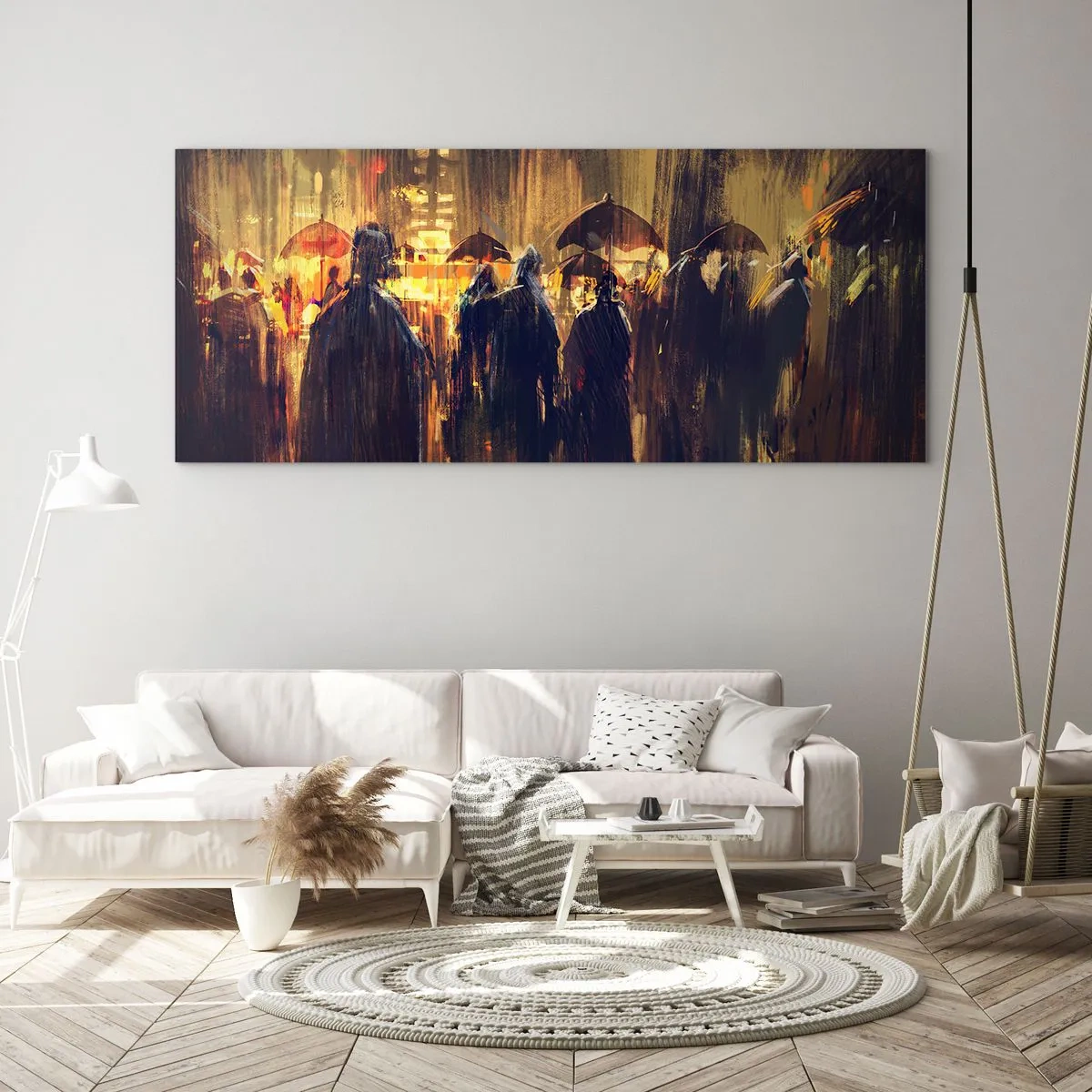 Quadro su vetro - Figure con ombrelli in una città piovosa di notte - 120x50cm - Gli adoratori della pioggia - Decorazione murale moderna per soggiorno e camera da letto ARTTOR