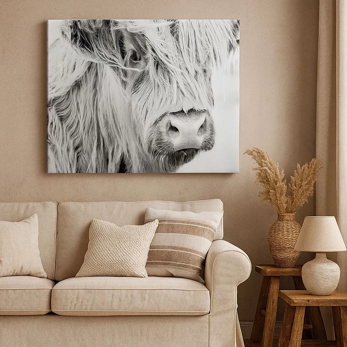 Quadro su tela - Stampe su Tela - Ritratto di una mucca scozzese in bianco e nero - 70x50cm - Selvaticità scozzese - Decorazione murale moderna per soggiorno e camera da letto ARTTOR