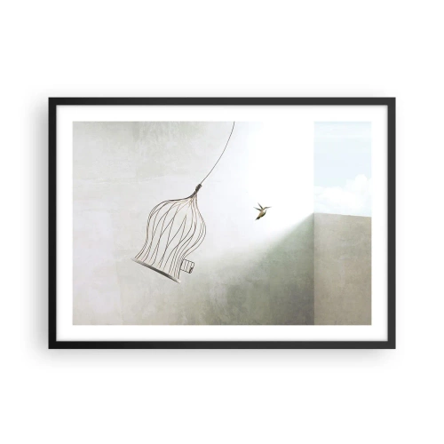 Poster in cornice nera - Un uccello liberato da una gabbia sullo sfondo di un cielo luminoso - 70x50cm - Nel proprio elemento - Decorazione murale moderna per soggiorno e camera da letto ARTTOR