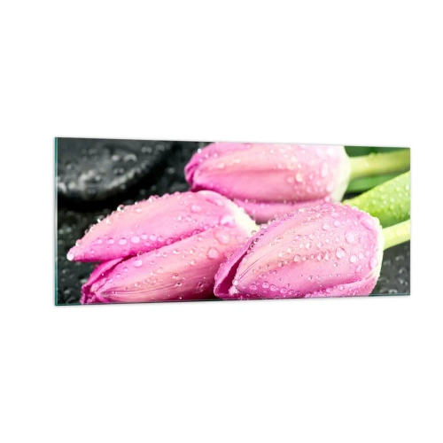 Quadro su vetro - Una terna lilla su pietra nera - 100x40 cm