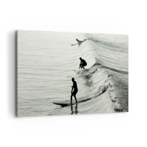 Quadro su tela - Stampe su Tela - Surfisti sulle onde in uno scatto monocromatico - 120x80cm - Onde all'incontro - Decorazione murale moderna per soggiorno e camera da letto ARTTOR