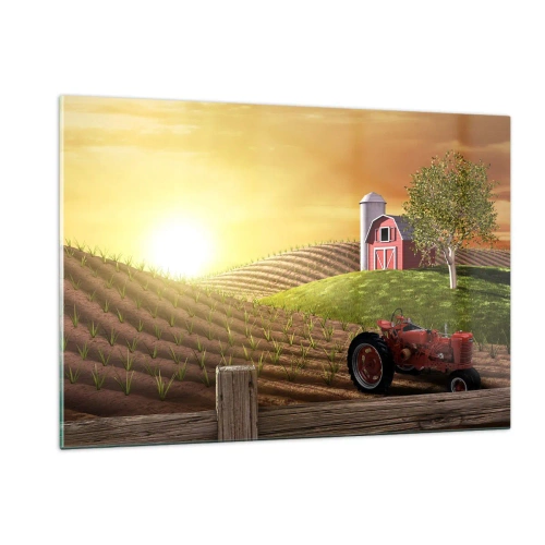 Quadro su vetro - Tramonto su una fattoria con un campo e un trattore - 120x80cm - La fattoria delle favole - Decorazione murale moderna per soggiorno e camera da letto ARTTOR