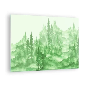 Quadro su vetro - Foresta verde in stile acquerello - 70x50cm - Sfocato da una nebbia verde - Decorazione murale moderna per soggiorno e camera da letto ARTTOR