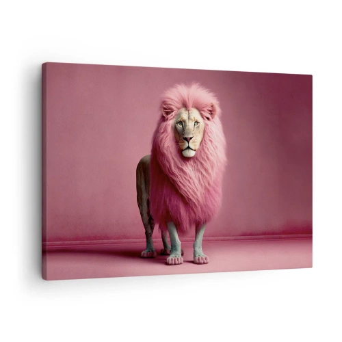 Quadro su tela - Stampe su Tela - Un leone artisticamente raffigurato con una criniera rosa su uno sfondo rosa - 70x50cm - E non mette più paura - Decorazione murale moderna per soggiorno e camera da letto ARTTOR