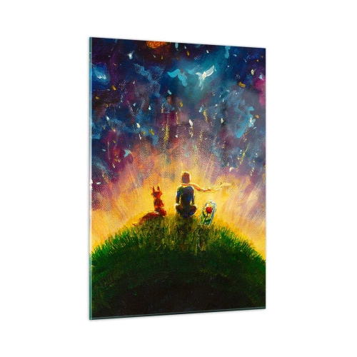 Quadro su vetro - Una figura con una volpe su un pianeta sotto un cielo stellato - 50x70cm - Amore e amicizia: l'intero mondo - Decorazione murale moderna per soggiorno e camera da letto ARTTOR