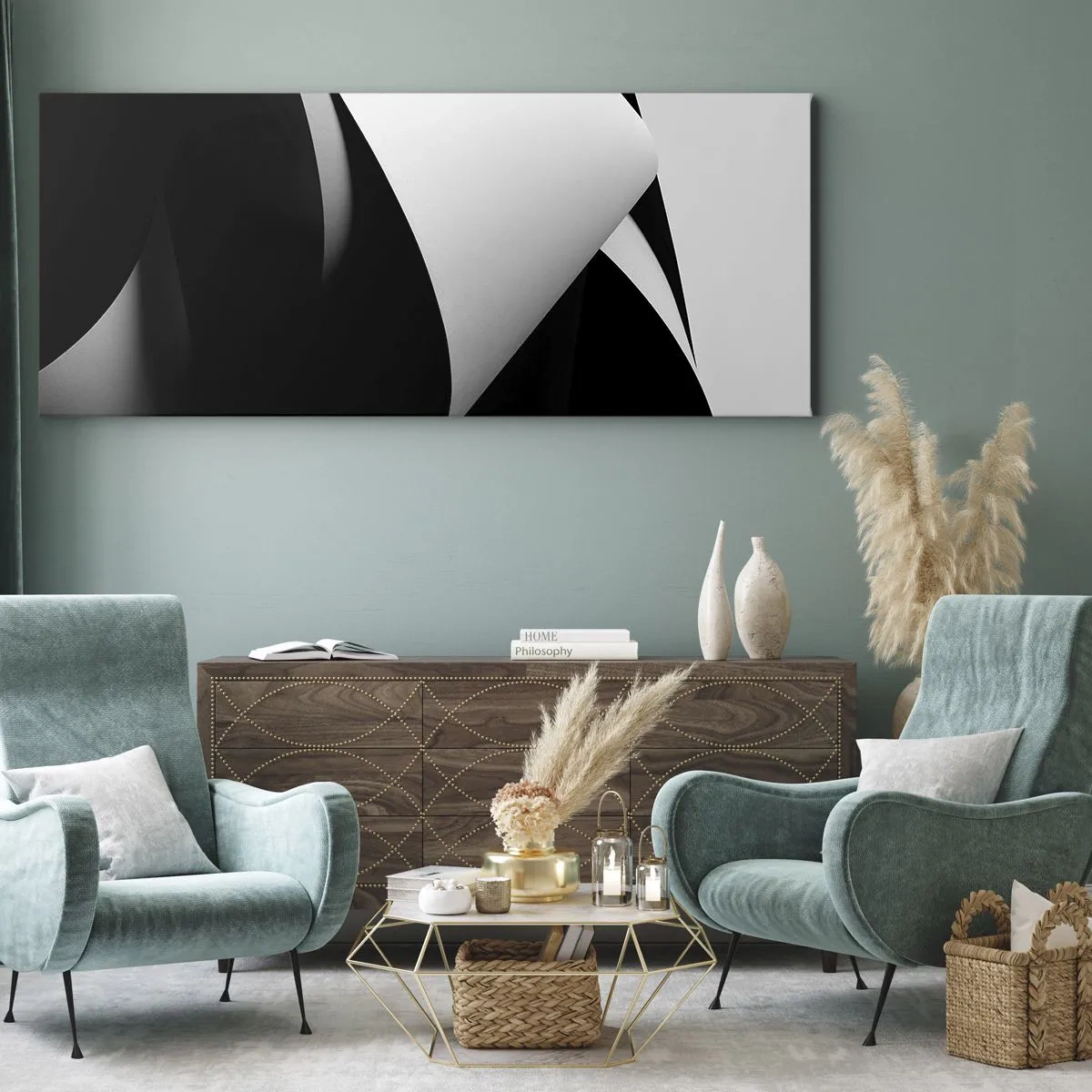 Quadro su tela - Stampe su Tela - Forme astratte in bianco e nero con contrasti sorprendenti - 120x50cm - Piani di luce dalle profondità dell'ombra - Decorazione murale moderna per soggiorno e camera da letto ARTTOR