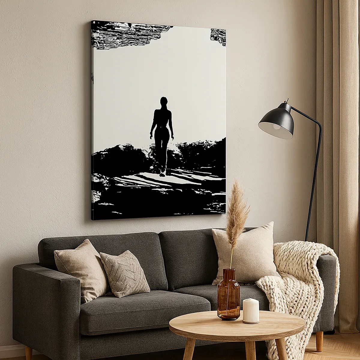Quadro su tela - Stampe su Tela - Silhouette in bianco e nero di una donna in una grotta contro il cielo - 50x70cm - Un nuovo sguardo - Decorazione murale moderna per soggiorno e camera da letto ARTTOR