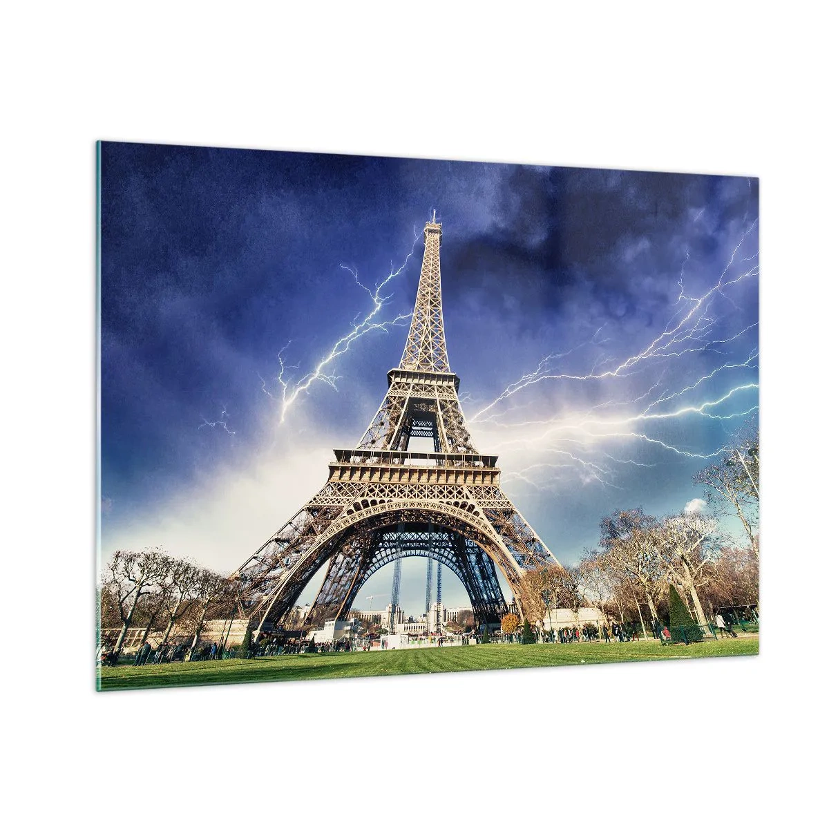 Quadro su vetro - La Torre Eiffel circondata da fulmini in una giornata nuvolosa - 100x70cm - La signora delle tempeste - Decorazione murale moderna per soggiorno e camera da letto ARTTOR