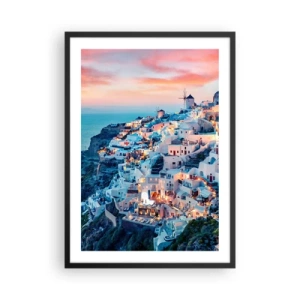 Poster in cornice nera - Vista pittoresca delle case illuminate di Santorini al tramonto - 50x70cm - La tua grossa vacanza greca - Decorazione murale moderna per soggiorno e camera da letto ARTTOR