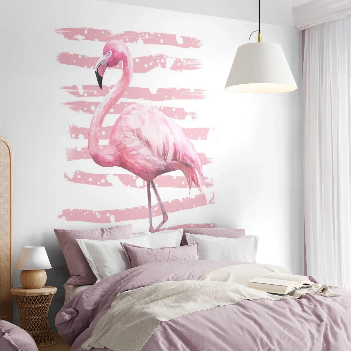 Fotomurali Standard Eco - Un fenicottero rosa su uno sfondo a righe pastello - 100x70cm - Con dignità, sebbene in rosa - Decorazione murale moderna per soggiorno e camera da letto ARTTOR