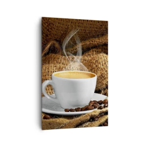 Quadro su tela - Stampe su Tela - Una tazza di caffè circondata da un sacchetto di chicchi di caffè - 80x120cm - L'odore di caffè con la schiuma del colore del miele - Decorazione murale moderna per soggiorno e camera da letto ARTTOR