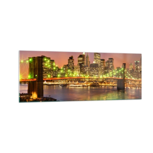 Quadro su vetro - Ponte illuminato in una città moderna di notte - 140x50cm - Qui la luce non si spegne mai - Decorazione murale moderna per soggiorno e camera da letto ARTTOR