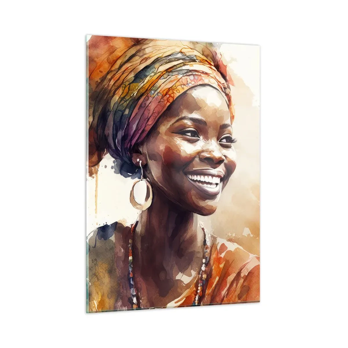 Quadro su vetro - Ritratto ad acquerello di una donna sorridente con un turbante - 50x70cm - Regina africana - Decorazione murale moderna per soggiorno e camera da letto ARTTOR