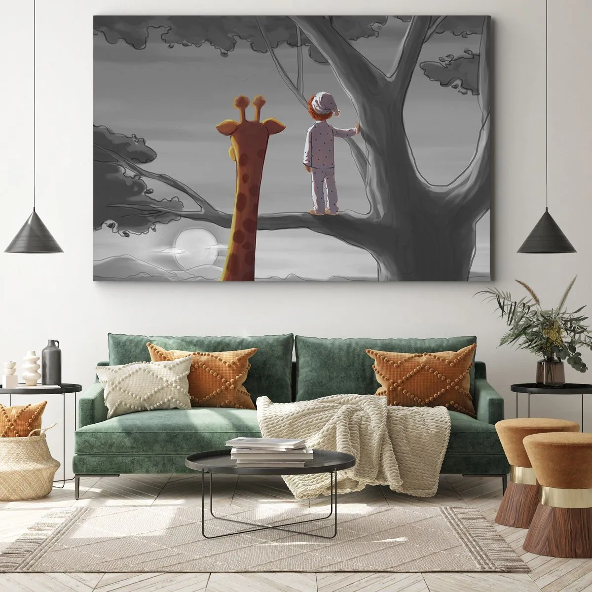 Quadro su tela - Stampe su Tela - Un bambino e una giraffa su un ramo di un albero in un paesaggio da favola - 120x80cm - Sta succedendo davvero - Decorazione murale moderna per soggiorno e camera da letto ARTTOR