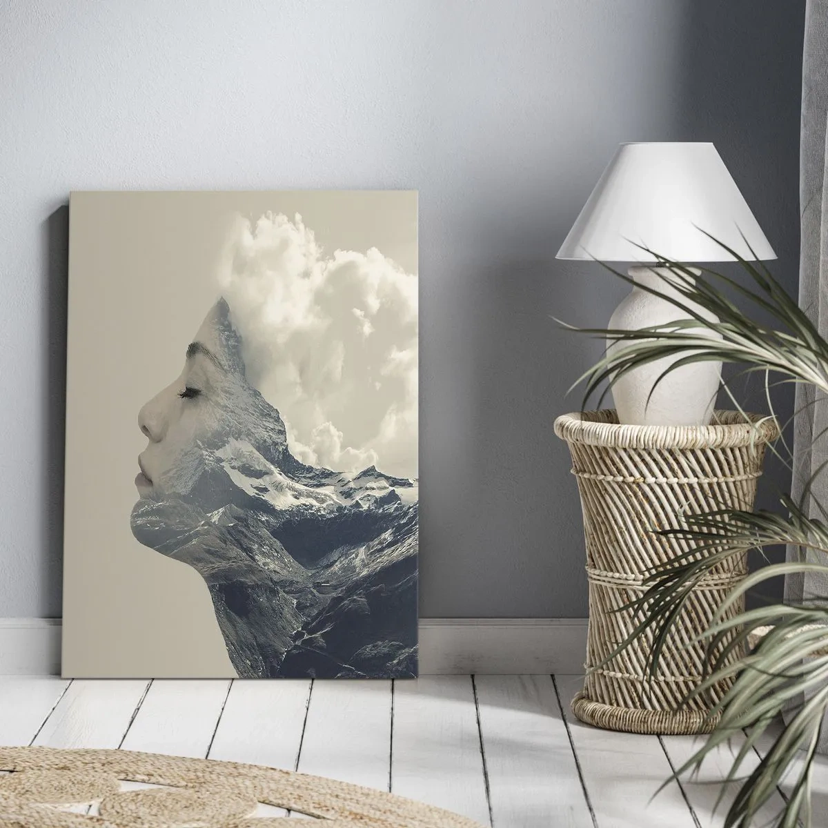 Quadro su tela - Stampe su Tela - Silhouette di una donna con un paesaggio montano sullo sfondo - 50x70cm - La bellezza degli elementi - Decorazione murale moderna per soggiorno e camera da letto ARTTOR
