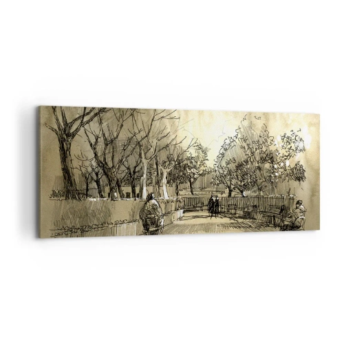 Quadro su tela - Stampe su Tela - Una scena di cartone animato di un parco con persone che camminano in toni caldi. - 120x50cm - Attimo fermato con la penna - Decorazione murale moderna per soggiorno e camera da letto ARTTOR