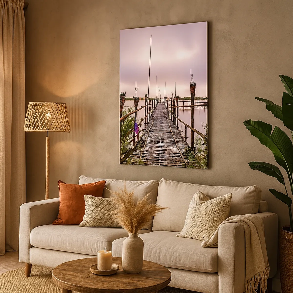 Quadro su tela - Stampe su Tela - Ponte di bambù sull'acqua all'alba - 50x70cm - Pace e silenzio dell'Asia - Decorazione murale moderna per soggiorno e camera da letto ARTTOR