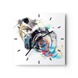 Orologio da parete - Orologio in Vetro - Macchina fotografica ad acquerello con dettagli colorati - 30x30cm - Nell'occhio dell'obiettivo - Decorazione murale moderna per soggiorno e camera da letto ARTTOR