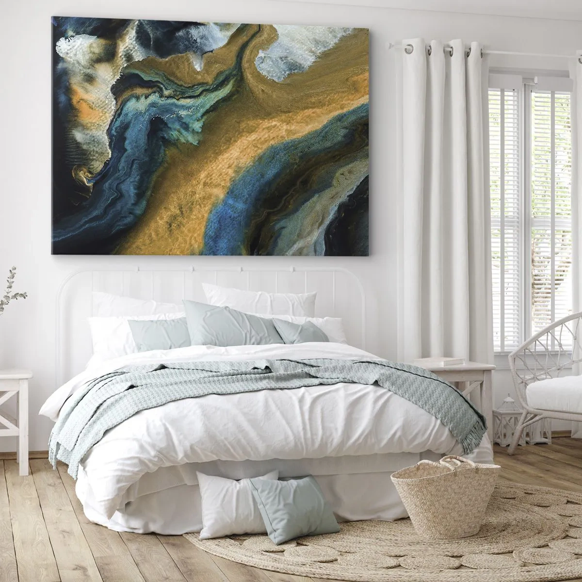 Quadro su tela - Stampe su Tela - Onde astratte nei toni dell'oro e del blu - 120x80cm - Blu-oro: influenza reciproca - Decorazione murale moderna per soggiorno e camera da letto ARTTOR