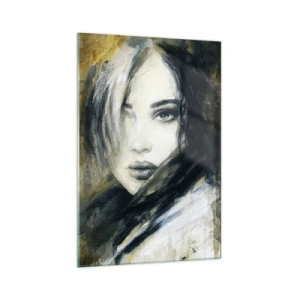 Quadro su vetro - Ritratto di una donna su uno sfondo di macchie astratte nei toni del beige - 70x100cm - Più innocente o sensuale? - Decorazione murale moderna per soggiorno e camera da letto ARTTOR