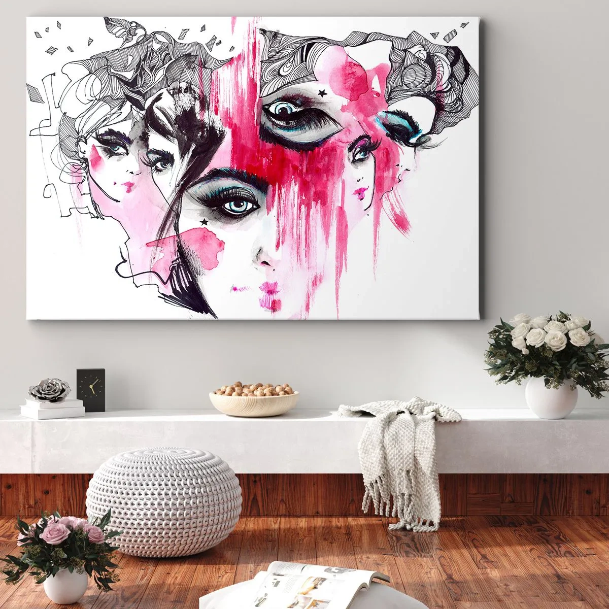 Quadro su tela - Stampe su Tela - Volto astratto nei toni del rosa e del nero - 70x50cm - Occhi astratti - Decorazione murale moderna per soggiorno e camera da letto ARTTOR