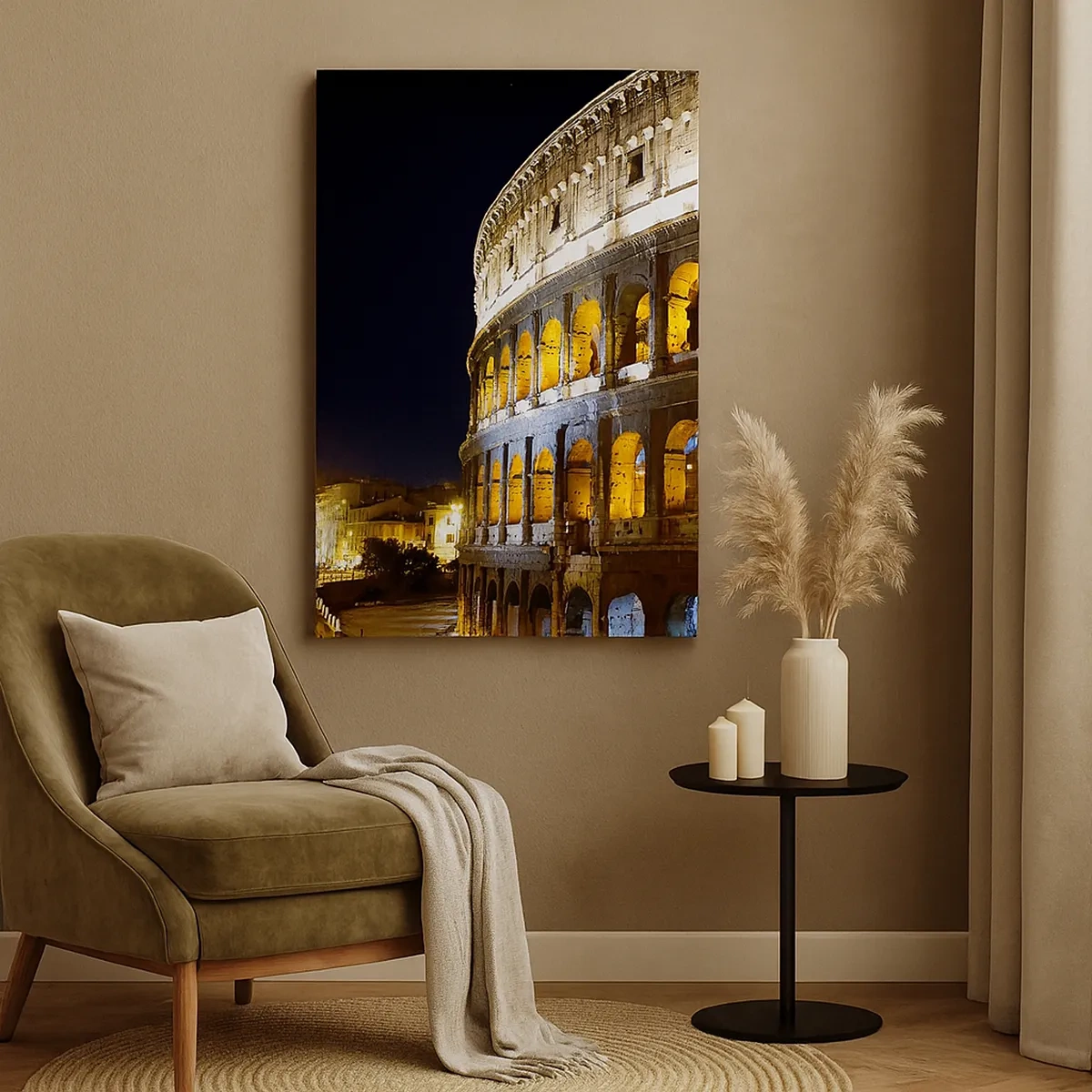 Quadro su tela - Stampe su Tela - Il Colosseo illuminato dalle luci di notte a Roma - 50x70cm - È tempo di iniziare i giochi - Decorazione murale moderna per soggiorno e camera da letto ARTTOR
