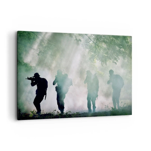 Quadro su tela - Stampe su Tela - Sagome di soldati in una foresta circondata dalla nebbia - 120x80cm - Uno per tutti… - Decorazione murale moderna per soggiorno e camera da letto ARTTOR