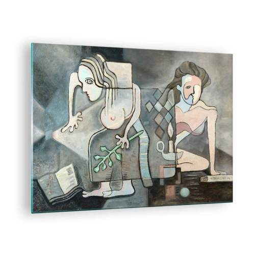 Quadro su vetro - Una scena astratta con due figure in stile cubista. - 70x50cm - Mosaico di spirito e materia - Decorazione murale moderna per soggiorno e camera da letto ARTTOR