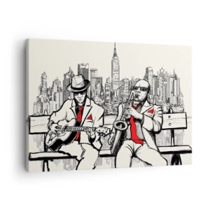 Quadro su tela - Stampe su Tela - Un duo jazz con sassofono e chitarra sullo sfondo della città - 70x50cm - Improvvisare a New York - Decorazione murale moderna per soggiorno e camera da letto ARTTOR